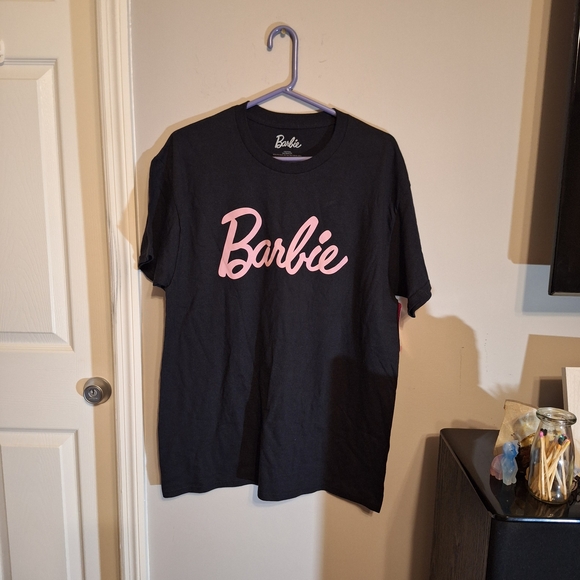 Barbie Tops - Barbie Women's Black T-Shirt with Pink Logo